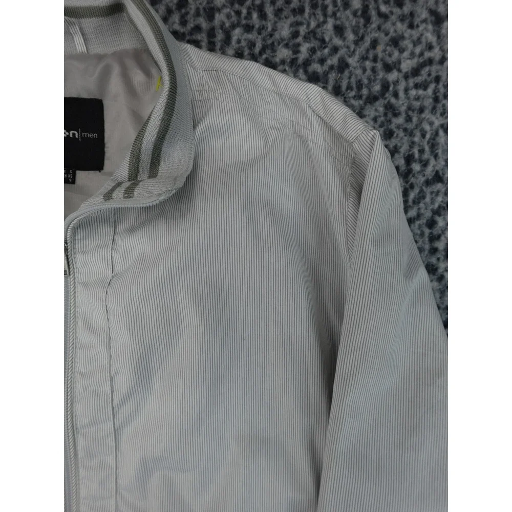 Koton Bomber Jacket Mens S Grey White Micro Stripe Zip Up Mock‎ Neck Good